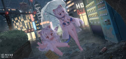  2girls absurdres animal_ears artist_name bandaid bandaid_on_pussy bandaids_on_nipples bare_legs barefoot blue_eyes cat_ears cat_girl cat_tail city cityscape coca-cola collar cuffs date_shichuan_majiang dated exhibitionism falling feet flat_chest full_body hair_ornament highres holding holding_leash leash legs loli multiple_girls navel night original outdoors pasties pet_play public_indecency rain raincoat red_eyes restrained shackles siblings signature sisters star_(symbol) star_hair_ornament stomach tail toes transparent transparent_raincoat transparent_umbrella tripping twins umbrella vending_machine walking wrist_cuffs 