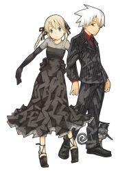  1boy 1girl black_dress black_footwear blair_(soul_eater) blonde_hair cat collared_shirt dress elbow_gloves formal gloves green_eyes hair_ribbon hat high_heels highres locked_arms maka_albarn necktie no_pupils official_art ohkubo_atsushi red_eyes red_shirt ribbon shirt soul_eater soul_evans striped_suit suit third-party_source twintails white_background white_hair witch_hat 