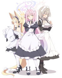  3girls alternate_costume angel_wings animal animal_ear_fluff animal_ears apron bare_shoulders bird black_dress black_footwear black_pantyhose blonde_hair blue_archive boots breasts cleavage detached_sleeves dress enmaided extra_ears feathered_wings fox_ears frilled_apron frills halo high_heel_boots high_heels highres juliet_sleeves large_breasts light_brown_hair long_hair long_sleeves maid maid_apron maid_headdress mika_(blue_archive) multiple_girls nagisa_(blue_archive) pantyhose pink_hair pink_halo puffy_sleeves satou_kibi seia_(blue_archive) simple_background white_apron white_background white_bird white_pantyhose white_wings wings yellow_eyes 