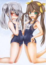  10s 2girls asanagi belly blush brown_hair covered_erect_nipples eyepatch fang green_eyes highres huang_lingyin infinite_stratos kneeling laura_bodewig multiple_girls name_tag navel one-piece_swimsuit open_mouth red_eyes school_swimsuit school_uniform shiny_clothes shiny_skin silver_hair swimsuit twintails yuri  rating:Sensitive score:100 user:danbooru