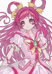  1girl ao_(ao0_0nemu) bad_id bad_twitter_id bow brooch butterfly_brooch butterfly_earrings closed_mouth commentary_request cowboy_shot cure_dream earrings flower hair_bow hair_rings highres jewelry long_hair looking_at_viewer magical_girl pink_eyes pink_flower pink_hair pink_rose precure puffy_short_sleeves puffy_sleeves purple_eyes rose short_sleeves smile solo yellow_bow yes!_precure_5 yumehara_nozomi 