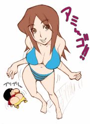  1boy 1girl age_difference barefoot bikini breasts brown_eyes brown_hair cleavage crayon_shin-chan dancing happy jacqueline_feeny jakuriin_finii japanese_text large_breasts long_hair looking_at_viewer mooning nohara_shinnosuke open_mouth shirt shorts simple_background smile swimsuit t-shirt text_focus translated white_background 