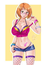  1girl aged_up artist_name bandeau bikini bikini_under_clothes blue_shorts bracelet breasts brown_eyes cleavage clothes_pull commentary cowboy_shot crop_top dated fishnet_thighhighs fishnets glasses halterneck highres jewelry large_breasts looking_at_viewer micro_shorts mismatched_bikini navel open_fly open_mouth orange_hair parted_lips pink-framed_eyewear pink_nails pink_shirt precure pulled_by_self purple_bikini purple_thighhighs revealing_clothes semi-rimless_eyewear shirabe_ako shirt short_hair shorts shorts_pull signature simple_background smile solo standing stomach_tattoo strap_slip string_bikini suite_precure swimsuit tamo_(nama-yatsuhashi) tattoo thighhighs under-rim_eyewear yellow_bandeau yellow_bikini 
