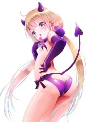  1girl arched_back ass blonde_hair breasts brown_eyes demon_girl elbow_gloves female_focus futaba_anzu gloves hand_on_own_hip highres horns idolmaster idolmaster_cinderella_girls idolmaster_cinderella_girls_starlight_stage loli long_hair looking_at_viewer panties poniponi purple_panties shiny_skin simple_background small_breasts solo standing twintails underwear white_background  rating:Questionable score:20 user:Domestic_Importer
