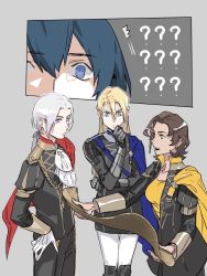  2boys 2girls ? armor ascot blonde_hair blue_cape blue_eyes blue_hair breasts brown_hair byleth_(fire_emblem) byleth_(male)_(fire_emblem) cape claude_von_riegan dark-skinned_female dark_skin dimitri_alexandre_blaiddyd edelgard_von_hresvelg fire_emblem fire_emblem:_three_houses garreg_mach_monastery_uniform genderswap genderswap_(ftm) genderswap_(mtf) gloves greaves green_hair grey_background hand_on_own_hip hand_on_own_chin highres jacket large_breasts multiple_boys multiple_girls nintendo open_clothes open_jacket pants purple_eyes red_cape simple_background vg_art4nothing white_hair yellow_cape  rating:Sensitive score:13 user:Houseofcards77