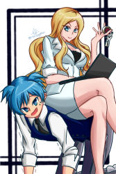  age_difference all_fours ansatsu_kyoushitsu blonde_hair blue_eyes blue_hair computer femdom gun highres human_chair human_furniture irina_jelavic laptop crossed_legs looking_at_viewer shiota_nagisa sitting sitting_on_person smile struggling sweatdrop teacher teacher_and_student weapon  rating:Sensitive score:22 user:TheDeadOne890