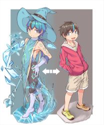 1boy aqua_eyes aqua_hair black_hair blue_eyes blue_footwear blue_hair blue_headwear boots ear_piercing earrings hat high_heels highres holding holding_staff hood hooded_jacket hoodie jacket jewelry long_hair magical_boy male_focus multicolored_hair nayoshi_(r-744) original piercing shoes short_hair shorts sleeveless sneakers staff tattoo transformation two-tone_hair water weapon wings witch_hat rating:Sensitive score:24 user:Touchtail