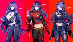  3girls absurdres acheron_(honkai:_star_rail) ahoge alternate_costume armpit_crease belt belt_chain black_belt black_gloves black_jacket black_pants black_shirt breasts can character_name cleavage closed_mouth commentary_request cowboy_shot crop_top denim drink_can earrings food fruit genshin_impact gloves grapes hair_ornament hair_over_one_eye hairclip hand_in_pocket highres holding holding_can honkai:_star_rail honkai_(series) honkai_impact_3rd jacket jeans jewelry large_breasts lightning_bolt_symbol long_hair long_sleeves looking_at_viewer looking_to_the_side low-braided_long_hair low-tied_long_hair midriff mihoyo mitsudomoe_(shape) multicolored_hair multiple_girls navel necklace off_shoulder open_clothes open_jacket pants partially_unzipped pouch purple_belt purple_eyes purple_hair raiden_mei raiden_mei_(herrscher_of_thunder) raiden_shogun red_background red_sweater ribbed_sweater sawashiro_miyuki shirt simple_background single_bare_shoulder soda_can sparks_summer standing streaked_hair sweater thigh_pouch tomoe_(symbol) torn_clothes torn_jeans torn_pants twitter_username very_long_hair zipper zipper_pull_tab 