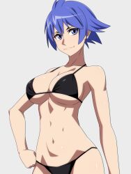  1girl bare_arms bare_shoulders bikini black_bikini blue_eyes blue_hair breasts closed_mouth collarbone cowboy_shot grey_background hand_on_own_hip highres jikkyou_powerful_pro_yakyuu large_breasts looking_at_viewer navel ra-pen saeki_hajime short_hair simple_background smile solo stomach swimsuit 