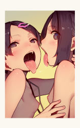  2girls blush breasts brown_eyes brown_hair commentary_request female_focus gradient_background hair_ornament hairclip highres loli looking_at_viewer miyu_(tiny_evil) muk_(monsieur) multiple_girls nipples open_mouth original saliva saliva_trail sana_(tiny_evil) short_hair small_breasts teeth textless_version tiny_evil tongue tongue_out upper_body upper_teeth_only yellow_background yuri  rating:Questionable score:462 user:danbooru