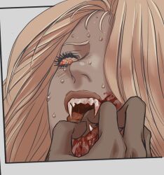  1girl 1other blonde_hair blood blood_from_mouth fangs hand_in_mouth highres long_hair marceline2174 open_mouth original red_eyes sweat teeth vampire 