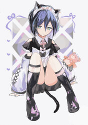  1boy absurdres animal_ears apron bishounen black_dress blue_hair boots cat_boy cat_ears cat_tail chinen crossdressing detached_sleeves dress eyelashes frown full_body hair_between_eyes highres kneehighs knees_up looking_at_viewer maid maid_apron maid_headdress male_focus male_maid original puffy_short_sleeves puffy_sleeves short_dress short_hair short_sleeves sitting slit_pupils socks solo stuffed_animal stuffed_toy tail teddy_bear trap 