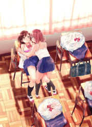 2girls black_socks blue_skirt blush bow bowtie unworn_bowtie bra breasts brown_eyes brown_hair camisole chair classroom unworn_clothes commentary_request curtains desk hand_on_another&#039;s_cheek hand_on_another&#039;s_face highres holding_hands indoors kneehighs leaning_back looking_at_another miniskirt multiple_girls on_desk open_clothes open_shirt original parted_lips pink_bra plaid_neckwear pleated_skirt red_hair red_neckwear school_chair school_desk school_uniform shirt unworn_shirt shoes short_hair shoulder_blades skirt unworn_skirt small_breasts socks syou_(endemic_species) underwear uwabaki white_camisole white_shirt yuri