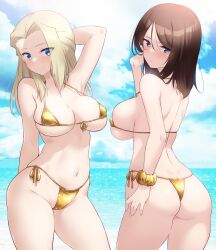  2girls arm_behind_back arm_up ass back beach bikini blonde_hair blue_eyes blue_sky breasts brown_hair butt_crack cameltoe clara_(girls_und_panzer) cleft_of_venus cloud contrapposto covered_erect_nipples cowboy_shot dated day forehead from_behind girls_und_panzer gold_bikini grin hair_intakes hand_up highres kuzuryuu_kennosuke large_breasts long_hair looking_at_viewer looking_back micro_bikini multiple_girls nonna_(girls_und_panzer) ocean outdoors parted_lips scrunchie side-tie_bikini_bottom skindentation sky smile strap_gap swimsuit underboob wrist_scrunchie  rating:Questionable score:17 user:danbooru