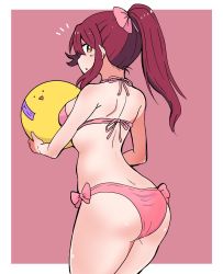 10s 1girl :o alternate_hairstyle ass back ball beachball bikini bow bow_bikini commentary cowboy_shot from_side hair_bow highres holding holding_ball kumaneko_(kumaneko1138) long_hair looking_at_viewer looking_back love_live! love_live!_sunshine!! notice_lines outside_border parted_lips pink_background pink_bikini pink_bow ponytail red_hair sakurauchi_riko simple_background solo standing swimsuit thighs yellow_eyes  rating:Sensitive score:21 user:danbooru