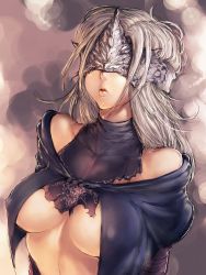  1girl arms_behind_back bare_shoulders blindfold blonde_hair breasts breasts_apart cape covered_erect_nipples dark_souls_(series) dark_souls_iii fire_keeper fumio_(rsqkr) lips long_hair mask medium_breasts parted_lips portrait pouty_lips silver_hair simple_background solo torn_clothes underboob upper_body  rating:Questionable score:122 user:danbooru