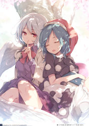 2girls absurdres black_dress bloomers blue_hair book bow bowtie breasts closed_eyes closed_mouth collared_dress dappled_sunlight doremy_sweet dress drooling feathered_wings finger_to_mouth hat highres index_finger_raised jacket ke-ta kishin_sagume knees_up long_hair long_sleeves looking_at_viewer medium_breasts multiple_girls non-web_source open_clothes open_jacket open_mouth pom_pom_(clothes) purple_dress red_bow red_eyes red_headwear red_neckwear round_teeth saliva short_hair short_sleeves shushing silver_hair single_wing sitting sleeping sleeping_upright sunlight tail teeth touhou translation_request underwear white_wings wing_collar wings rating:Sensitive score:11 user:danbooru