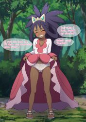 1girl black_hair blush breasts bush closed_eyes clothes_lift collarbone commentary_request commission creatures_(company) dark-skinned_female dark_skin day english_text eyelashes facing_viewer forest full_body game_freak grass grin hair_rings highres iris_(pokemon) knees kohatsuka lifted_by_self long_hair nature navel nintendo outdoors pink_skirt pixiv_commission pokemon pokemon_bw2 ponytail sandals shirt skirt skirt_lift small_breasts smile solo speech_bubble standing teeth text_focus tiara tree underwear v-neck white_shirt rating:Questionable score:65 user:DarkToonLink