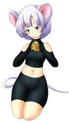  1girl 2020 animal_ears bike_shorts black_gloves blue_eyes cheese elbow_gloves food gloves highres holding holding_food looking_at_viewer monster_girl mouse_ears mouse_girl mouse_tail navel nengajou new_year original seiza short_hair simple_background sitting smile sneezy solo tail white_background white_hair  rating:Sensitive score:1 user:lamialover97