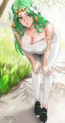 1girl 2020 alternate_costume bare_shoulders breasts cleavage dated female_focus fire_emblem fire_emblem:_three_houses fire_emblem_heroes flower green_eyes green_hair hair_flower hair_ornament highres large_breasts long_hair looking_at_viewer matching_hair/eyes nintendo open_mouth outdoors rhea_(fire_emblem) sendo_(sendrawz) solo standing sweat rating:Questionable score:159 user:danbooru