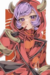  1girl blush border courtney_(pokemon) cracked_background creatures_(company) fake_horns finger_to_mouth game_freak gloves highres hood hood_up hooded_vest hoodie horned_hood horns leaning_to_the_side looking_at_viewer nintendo open_mouth pokemon pokemon_oras purple_eyes purple_hair red_background red_gloves red_hood red_wrist_cuffs ribbed_sweater shiki_(kisikisi1007) short_hair solo sweater team_magma team_magma_logo team_magma_uniform turtleneck turtleneck_sweater upper_body vest white_border wrist_cuffs 