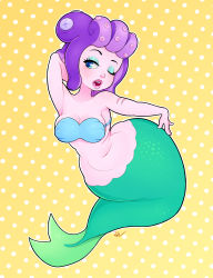 1girl absurdres arm_behind_head arm_up armpits belly breasts cala_maria_(cuphead) come_hither cuphead_(game) curvy eyeshadow full_body hand_on_own_hip highres huge_filesize lips makeup medium_breasts mermaid monster_girl navel octopus open_mouth plump polka_dot purple_hair retro_artstyle scar seductive_smile shell shell_bikini signature simple_background smile solo tail teeth tentacle_hair wide_hips rating:Sensitive score:16 user:danbooru