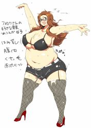  1girl blue_eyes blush breasts brown_hair fat female_focus glasses high_heels huge_breasts looking_at_viewer mature_female shiguma_(yamagata5558) solo sweat translation_request 