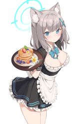  1girl :/ absurdres animal_ear_fluff animal_ears apron artist_name bad_id bad_twitter_id blue_archive blue_bow blue_bowtie blue_eyes blush bow bowtie breasts cake cat_ears cleavage cleavage_cutout clothing_cutout cowboy_shot cross_hair_ornament dress ear_piercing extra_ears flower food fork frilled_apron frilled_dress frilled_gloves frills fruit gloves goyain grey_hair hair_between_eyes hair_ornament halo highres holding holding_plate knife large_breasts looking_at_viewer maid maid_apron medium_hair mismatched_pupils piercing plate pleated_dress shiroko_(blue_archive) short_sleeves sidelocks signature simple_background solo standing white_background  rating:Sensitive score:22 user:danbooru