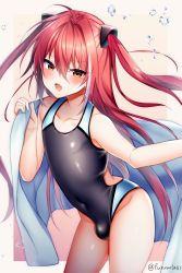  1boy absurdres aki_(doku) blush bulge competition_swimsuit crossdressing fang highres long_hair male_focus one-piece_swimsuit open_mouth original red_hair skin_fang solo swimsuit trap uruaki  rating:Questionable score:54 user:FabricioDias