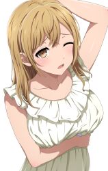  1girl arm_behind_head arm_under_breasts arm_up bang_dream! bare_arms blonde_hair blush bow breasts brown_eyes collarbone commentary_request crossed_bangs dress dress_bow frilled_dress frills from_above hair_down highres ichigaya_arisa large_breasts long_hair looking_at_viewer looking_up nightgown noshimurin official_alternate_costume one_eye_closed open_mouth raised_eyebrows simple_background sleepy sleeveless sleeveless_dress solo standing teeth upper_body upper_teeth_only white_background white_bow white_dress white_nightgown 
