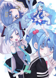  4girls absurdres anazawa_nijimi aqua_hair aqua_necktie aqua_trim arm_at_side black_headphones black_shirt black_skirt black_sleeves black_thighhighs blue_background blue_choker blue_eyes blue_footwear blue_hair blue_ribbon blue_skirt blue_sleeves blue_theme blunt_bangs border capelet cherry_hair_ornament choker clenched_hand closed_mouth collarbone collared_shirt cure_marine detached_sleeves food-themed_hair_ornament foreshortening fortissimo frilled_shirt frilled_shirt_collar frills full_body grey_shirt hair_between_eyes hair_ornament hair_up half-closed_eyes hatsune_miku headphones headset heartcatch_precure! highres long_hair looking_at_viewer looking_to_the_side mahou_shoujo_madoka_magica mahou_shoujo_madoka_magica_(anime) mahou_shoujo_site miki_sayaka multiple_girls musical_note musical_note_hair_ornament neck_ribbon necktie open_mouth parted_bangs parted_lips pleated_skirt pointing pointing_at_self precure puffy_short_sleeves puffy_sleeves ribbon sailor_collar shirt shizumu_(shi_zumu) short_hair short_sleeves skirt sleeveless sleeveless_shirt smile spring_onion teeth thighhighs twintails upper_teeth_only vocaloid white_border white_capelet white_sailor_collar white_shirt white_thighhighs white_wrist_cuffs wrist_cuffs 