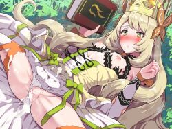  1girl :o after_vaginal aftersex bar_censor blonde_hair blush book boris_(noborhys) breasts breasts_out butterfly_hair_ornament celine_(fire_emblem) censored commentary_request crown cum cum_in_pussy cum_on_body cum_on_clothes fire_emblem fire_emblem_engage green_eyes hair_ornament highres holding holding_book long_hair nintendo nipples outdoors sitting small_breasts spread_legs thighhighs thighs torn_clothes very_long_hair 