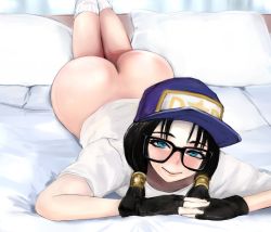  1girl ass bed black_gloves black_hair blue_eyes blush bottomless curvy dragon_ball eyelashes fingerless_gloves glasses gloves hair_ornament hair_tubes hat light_smile lips looking_at_viewer lying on_stomach pillow shirt smile socks solo t-shirt videl white_socks wide_hips  rating:Questionable score:132 user:RoyalGuard