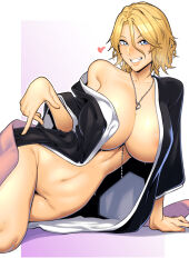  1girl areola_slip arm_support black_kimono bleach bleach:_sennen_kessen-hen blonde_hair blue_eyes breasts breath collarbone commentary dyun feet_out_of_frame grin hair_between_eyes heart highres huge_breasts index_finger_raised japanese_clothes jewelry kimono lips looking_at_viewer lying matsumoto_rangiku mole mole_under_mouth navel necklace necklace_between_breasts off_shoulder on_side open_clothes open_kimono parted_bangs pink_background pink_shawl shawl short_hair simple_background single_bare_shoulder smile solo teeth  rating:Questionable score:89 user:danbooru