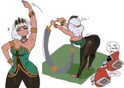  ass bent bent_over bracelet breasts cleavage coconuts_(artist) dark-skinned_female dark_skin ears eyeshadow hair_ornament jewelry large league_of_legends makeup medium_breasts necklace qiyana_(league_of_legends) short_hair thick_thighs thighs tiara tights_day white_hair 