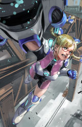 1girl area blonde_hair boots braid fighting_ex_layer gauntlets glasses jumpsuit junny mechanical_arms red-framed_eyewear single_mechanical_arm solo street_fighter street_fighter_ex_(series) twin_braids 