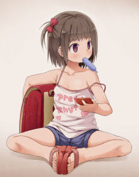  1girl areola_slip backpack bag bare_arms bare_shoulders blue_shorts blush bow brown_background brown_hair cellphone clothes_writing collarbone denim denim_shorts feet feet_together flat_chest food full_body gradient_background hair_bow hair_ornament heart heart_print holding holding_phone kago_no_tori loli looking_to_the_side mouth_hold original phone popsicle purple_eyes randoseru sandals short_hair shorts single_bare_shoulder sitting smartphone solo spaghetti_strap spread_legs strap_slip toes  rating:Questionable score:58 user:Domestic_Importer