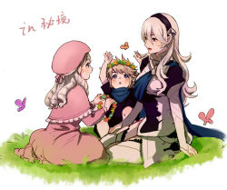  1girl 2boys bug butterfly corrin_(female)_(fire_emblem) corrin_(fire_emblem) fire_emblem fire_emblem_fates flower_wreath forrest_(fire_emblem) insect kana_(fire_emblem) kana_(male)_(fire_emblem) kneeling miyadevil mother_and_son multiple_boys nintendo purple_eyes red_eyes trap 