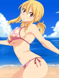 1girl beach bikini blonde_hair blue_sky breasts cloud fairy_tail gaston18 highres large_breasts legs lucy_heartfilia ocean ponytail sand sky smile solo star_(symbol) swimsuit thighs water rating:Sensitive score:97 user:jayage5ds