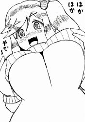  10s 1girl blush breasts eyebrows fang from_below hands_on_own_chest inuyama_aoi large_breasts long_hair looking_at_viewer looking_down monochrome open_mouth side_ponytail simple_background smile solo thick_eyebrows traditional_media translation_request underboob upper_body watermelon_(pixiv368957) white_background yurucamp 