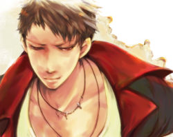  brown_hair dante_(dmc:_devil_may_cry) devil_may_cry_(series) dmc:_devil_may_cry jacket jewelry male_focus necklace red_eyes short_hair upper_body  rating:Sensitive score:18 user:roger_smith
