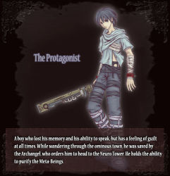  1boy bandages baroque_(game) black_hair blue_eyes english_text full_body lowres male_focus protagonist_(baroque) solo standing sword weapon  rating:Sensitive score:4 user:Fukaya