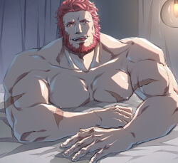  1boy bara bare_pectorals bed curtains facial_hair fate/zero fate_(series) highres iori0371 iskandar_(fate) lamp lying male_focus muscular muscular_male nipples open_mouth pectorals red_hair scar topless_male 