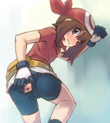  1girl against_wall anal_cutout anus anus_only ass ass_cutout bandana belt_pouch bike_shorts blue_eyes blush breasts brown_hair cameltoe clothing_cutout covered_erect_nipples creatures_(company) fanny_pack from_behind game_freak gloves leg_lift loli looking_at_viewer looking_back may_(pokemon) nervous_smile nintendo no_panties pokemon pokemon_(anime) pokemon_rse pouch presenting presenting_anus profile shorts skirt small_breasts smile solo spread_anus standing stupa13a sweatdrop torn_bike_shorts torn_clothes uncensored white_skirt  rating:Explicit score:664 user:danbooru