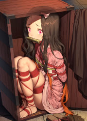  1girl arms_behind_back artist_name asa_no_ha_(pattern) bamboo bare_legs barefoot bdsm bit_gag blush bondage bound bound_arms bound_legs box checkered_sash commentary_request feet forehead gag gagged haneru haori highres in_box in_container japanese_clothes kamado_nezuko kimetsu_no_yaiba kimono long_hair looking_at_viewer mouth_hold obi pink_eyes pink_kimono pink_ribbon red_rope restrained ribbon rope sash shibari shibari_over_clothes sitting solo toes wavy_hair  rating:Questionable score:175 user:danbooru