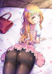  1boy ass bag bed black_pantyhose blonde_hair blush bulge crossdressing dress from_above from_behind hair_ornament hairclip handbag highres huge_ass long_hair looking_at_viewer looking_back lying natsusora_wakana novady on_stomach open_mouth original pantyhose shiny_clothes skirt solo thighs trap yellow_eyes  rating:Questionable score:194 user:armorcrystal