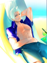  1boy 96min69 alternate_costume arm_across_waist arm_behind_head arm_up bare_pectorals beach blue_male_swimwear blue_shirt blurry blurry_background crisis_core_final_fantasy_vii cup day depth_of_field drink drinking_glass final_fantasy final_fantasy_vii glass green_eyes grey_hair hashtag-only_commentary highres hurricane_glass light_smile long_hair looking_at_viewer male_focus male_swimwear no_nipples ocean open_clothes open_shirt outdoors parted_bangs pectorals sephiroth shirt slit_pupils solo sunlight swimsuit toned toned_male upper_body 