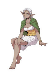  1girl barefoot bracelet breasts choker chuckuddin cithis cleavage cloak dark-skinned_female dark_elf dark_skin dress dungeon_meshi elf facial_mark forehead_mark full_body gorget green_cloak grey_hair hair_tubes highres hood hooded_cloak jewelry large_breasts long_hair looking_at_viewer pointy_ears simple_background smile solo strapless strapless_dress yellow_eyes 