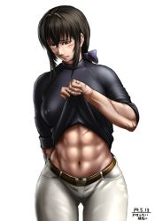  1girl abs arm_behind_back belt black_hair blush bow breasts brown_eyes casual clothes_lift contemporary covered_erect_nipples embarrassed hair_bow large_breasts long_hair m.u.g.e.n muscular muscular_female navel original pants ponytail scar sendai_hakurei_no_miko shirt_lift skin_tight sleeves_rolled_up solo taikyokuturugi touhou turtleneck  rating:Questionable score:30 user:danbooru