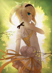 10s 1girl akitaka_(pixiv12739753) backlighting blonde_hair blue_eyes choker dress edna_(tales) expressionless finger_to_mouth hair_ribbon hairband highres looking_back ribbon short_hair side_ponytail solo tales_of_(series) tales_of_zestiria white_dress rating:Sensitive score:14 user:danbooru